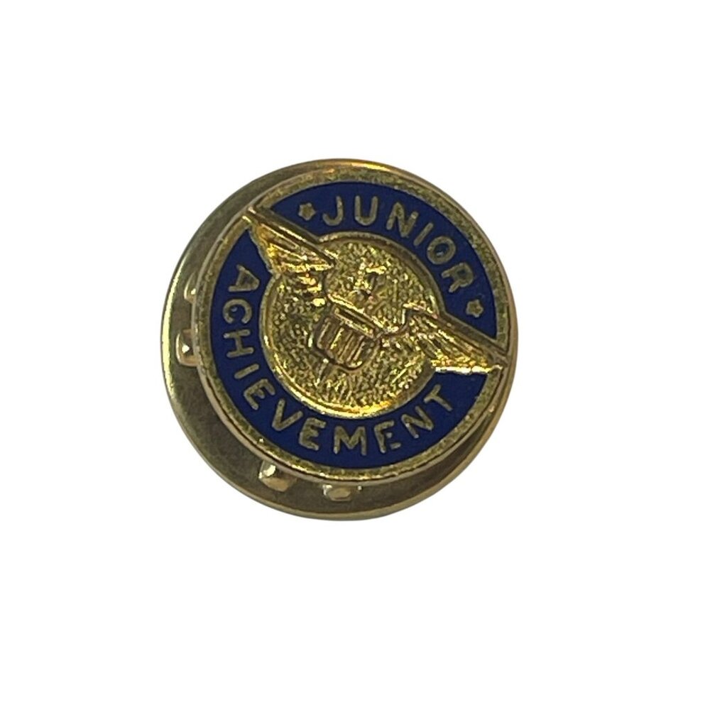 Vintage Junior Achievement Logo Pin Badge Gold Blue Torch Wings Award